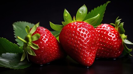 Close up of fresh red strawberry fruit on black background in copy space