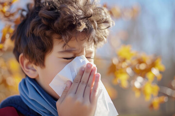 Obraz premium A kid blowing his nose into a tissue is a common occurrence during cold and allergy season