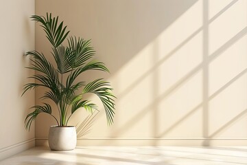 Empty beige room interior with palm leaves plant. Modern 3d living room, office or gallery with shadows and sunlight from the window on the wall, realistic illustration. Minimal scene.