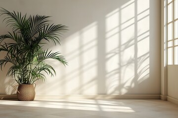 Fototapeta na wymiar Empty beige room interior with palm leaves plant. Modern 3d living room, office or gallery with shadows and sunlight from the window on the wall, realistic illustration. Minimal scene.