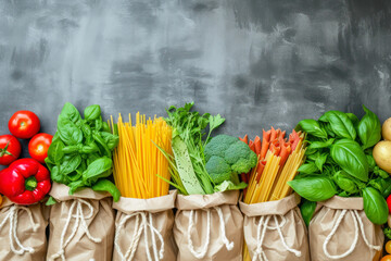 fresh vegetables and pasta arranged in paper bags against a rustic gray background