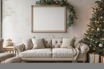 .Domestic and cozy christmas living room interior with mock up poster frames, beige sofa, design armchair, christmas decoration, wreath, stars, gifts and accessories. Family time. Template. See Less