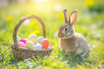 Fototapeta na wymiar An adorable bunny sits next to a basket filled with colorful Easter eggs in a vibrant meadow spring sun