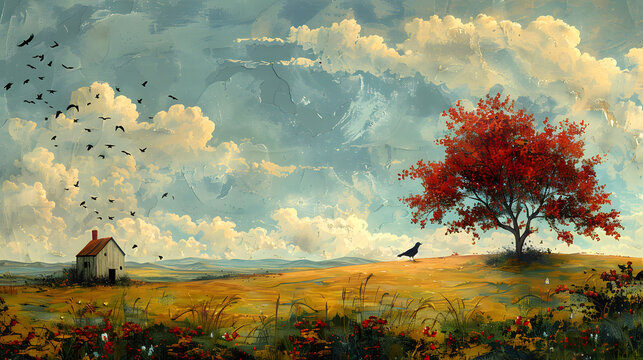 Tranquil scenery painting with a solitary house and a vivid red tree, radiating idyllic charm