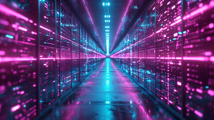 A long hallway with neon lights and a blue and pink color scheme