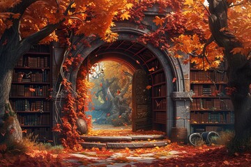 Fantasy portal in an enchanted library, autumn leaves, fairy tale art, digital illustration