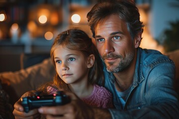Gaming, family or children with a father and daughter in the living room of their home playing a video game together. - obrazy, fototapety, plakaty