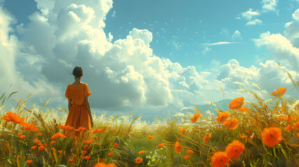 Fototapeta premium An inspiring image of a woman in orange dress amidst a field of poppies, against a cloud-filled sky