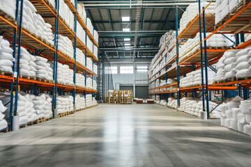 large warehouse with white bags and high storage racks - obrazy, fototapety, plakaty