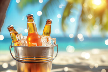 Metal bucket with bottles of beer and ice cubes on blured beach background