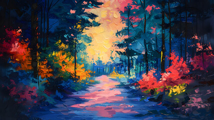 Vivid Impressionist style painting of a forest path, encapsulating the beauty of nature and the changing seasons
