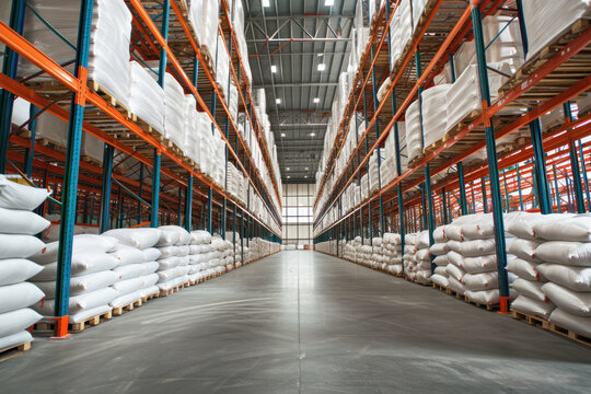 large warehouse with white bags and high storage racks