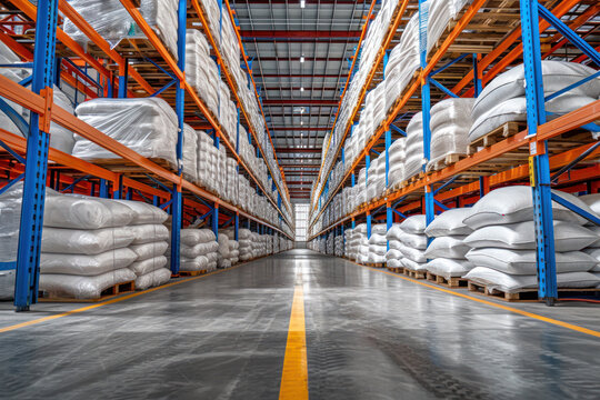large warehouse with white bags and high storage racks