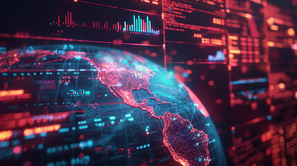 A computer screen shows a globe with a red and blue color scheme