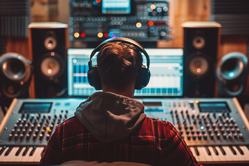 Man Wearing Headphones at Mixing Desk
