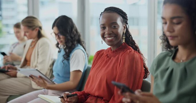 Black woman, book and writing with row for hiring, job or career opportunity in waiting room at office. Portrait of African female person, intern or employee with smile or taking notes at seminar