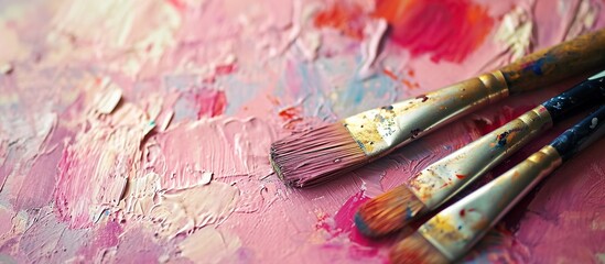 Colorful background of brushes and oil paint on a wooden palette or wall.
