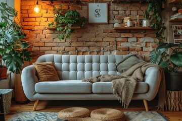 Indoor shot of hygge or scandi style couch in living room, Cologne, Germany