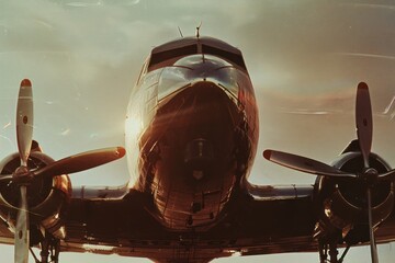 Vintage airplane close-up, retro style toned picture.