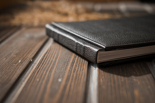 The image is a close-up of a black book placed on a wooden surface indoors 6281.