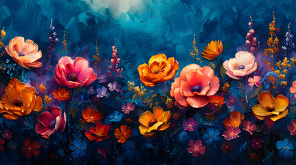 Obraz na płótnie Canvas An explosion of vividly colored flowers is set against a rich blue backdrop, showcasing a stunning contrast and intricate detail