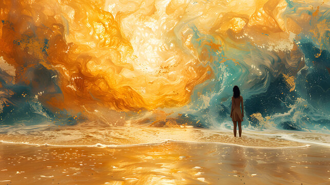 A lone woman beholds a surreal and vibrant dreamscape where fiery hues merge with oceanic blues in an abstract design