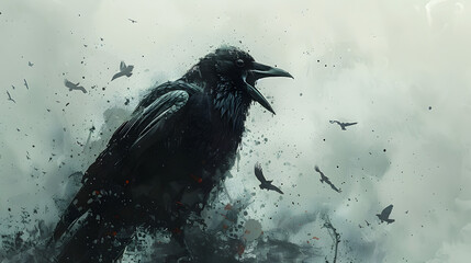 A striking image capturing a raven mid-flight amidst a tempestuous scene with flying debris and birds