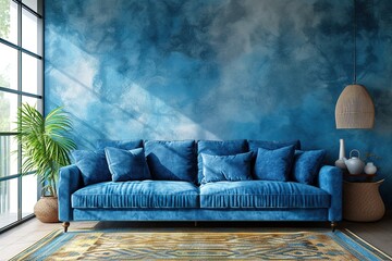 Interior of living room with blue sofa 3d rendering - obrazy, fototapety, plakaty