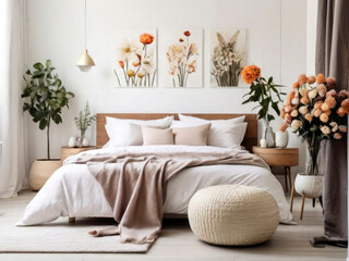 Bedroom with modern interior, Flowers on Wooden Stool and pouf in white background with Poster Frame, watercolor floral Poster frame in the living room