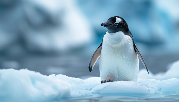 Portrait of lovely penguin floating on small iceberg in cold Antarctic sea waters with picturesque moody landscape background. Beauty in Nature, Eco concept image