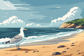 Fototapeta premium Seagull on sandy beach with waves and rocky cliff under cloudy sky