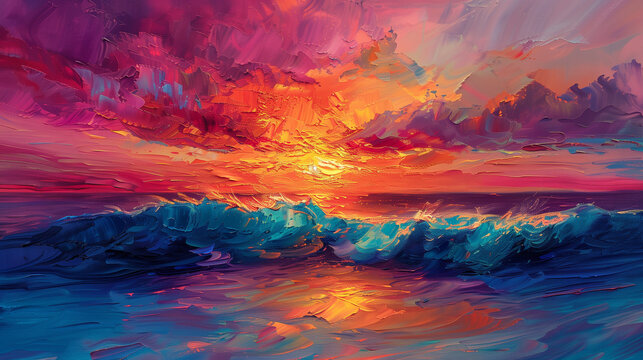 A painting of a sunset with a wave in the background