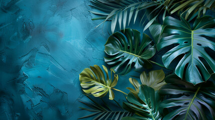 Blue and green tropical exotic monstera and banana leaves display background. Empty, free blank copy space .