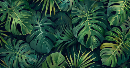 Tropical leaf pattern design. Green natural exotic background wallpaper in dark intense green. depth, 3d animation style.  - obrazy, fototapety, plakaty