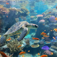Large sea turtle swimming underwater, colorful corals and fish. Exotic, tropical summer clear warm water. 