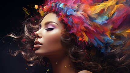 Beautiful abstract portrait of woman double exposure with colorful digital paint splash