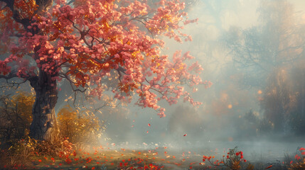 A tree with pink leaves is the main focus of the image - obrazy, fototapety, plakaty