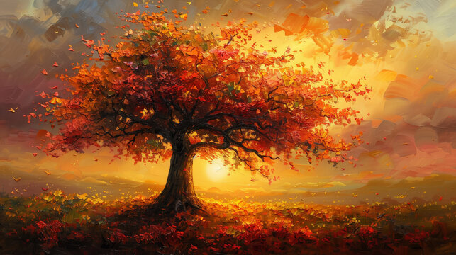 A painting of a tree with leaves falling in the autumn