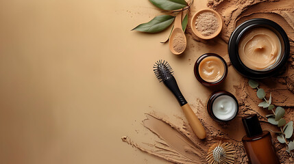 Natural skincare products with hairbrush on beige background. Organic beauty and wellness concept for design and print. Flat lay composition with copy space