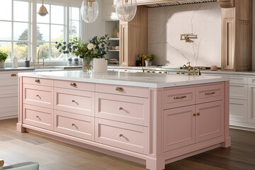 Elegant Interior Design Featuring a Classic Pink Kitchen Island with Brass Handles