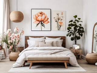 Bedroom with modern interior, Flowers on Wooden Stool and pouf in white background with Poster Frame, watercolor floral Poster frame in the living room