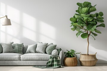 Living room interior with gray velvet sofa, pillows, green plaid, lamp and fiddle leaf tree in wicker basket on white wall background.