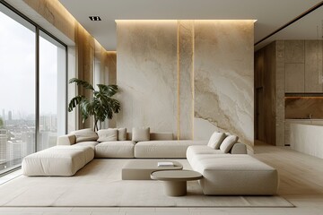 living room with soft beige furniture in a light luxury interior design of a modern apartment in a minimalist style with marble trim and huge windows. daylight inside. - obrazy, fototapety, plakaty