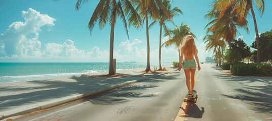 beautiful blonde hair young slim woman on longboard moving down the street under palm trees to the beach under summer suN. Gorgeous human beauty, fashion, vacations and active lifestyle concept image. - obrazy, fototapety, plakaty