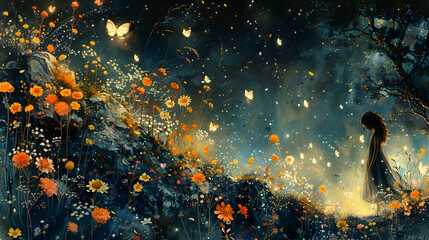Enchanting image of butterflies and wildflowers on a starry night, evoking magic and serenity in an otherworldly landscape
