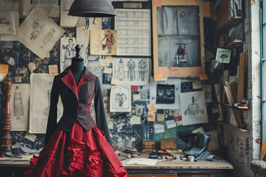 Mannequin adorned with a red dress stands in a creative fashion designer's vintage workshop
