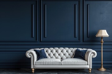 Luxury sofa with lamp in living room interior design on dark blue painted wall background with copy space.