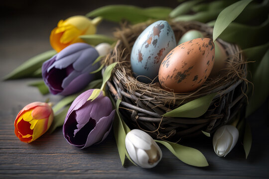 Colorful pockmarked easter eggs in bird nest with colorful tulips on wooden table. Greeting card for Easter holidays.