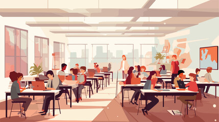 Fototapeta na wymiar A school classroom filled with desks chairs and stu