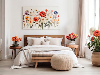 Bedroom with modern interior, Flowers on Wooden Stool and pouf in white background with Poster Frame, watercolor floral Poster frame in the living room